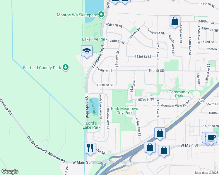 map of restaurants, bars, coffee shops, grocery stores, and more near 16570 155th Street Southeast in Monroe