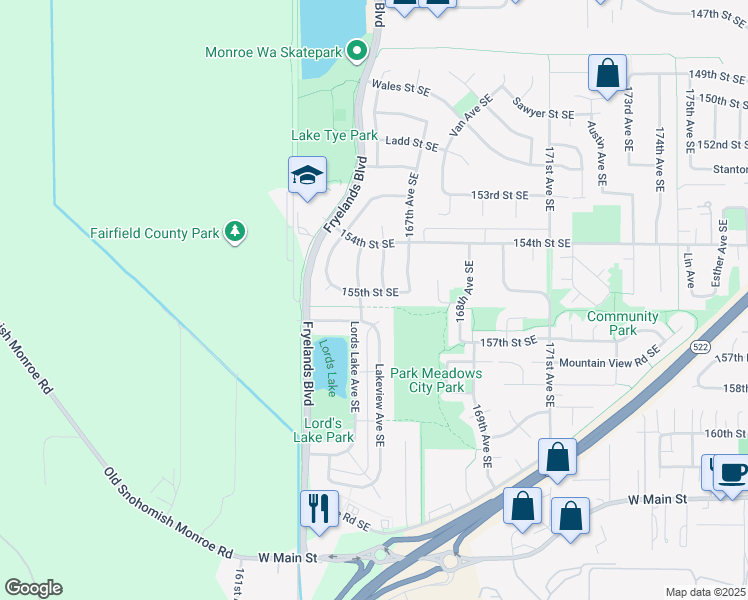 map of restaurants, bars, coffee shops, grocery stores, and more near 16534 155th Street Southeast in Monroe