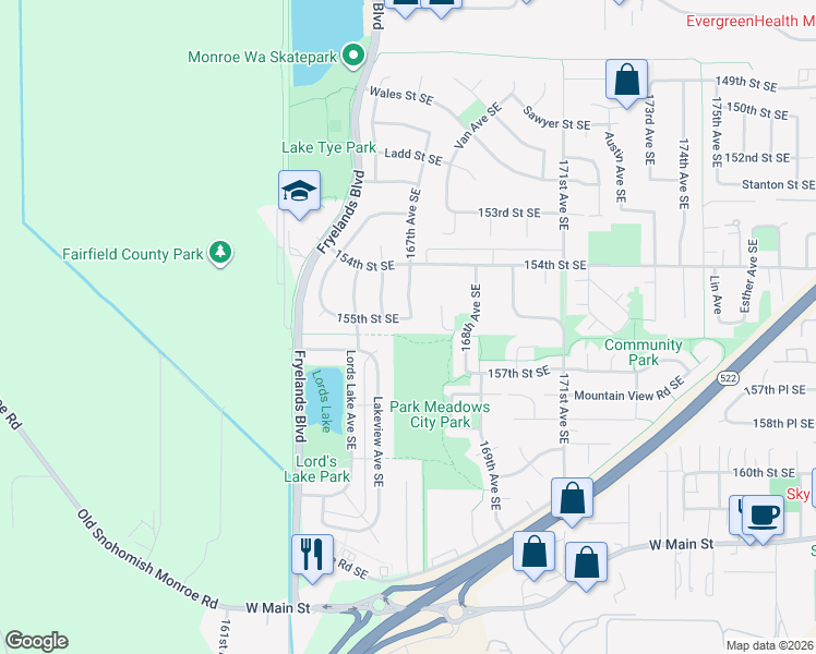 map of restaurants, bars, coffee shops, grocery stores, and more near 16642 155th Street Southeast in Monroe