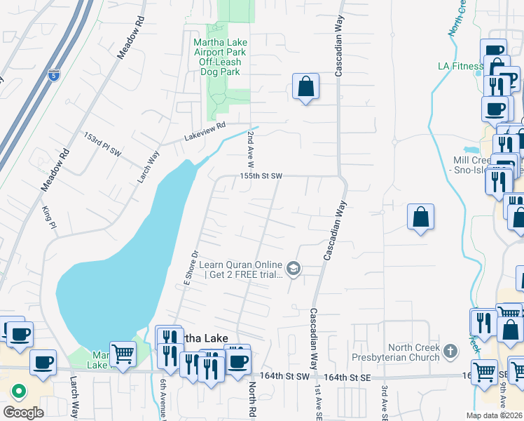 map of restaurants, bars, coffee shops, grocery stores, and more near 15616 2nd Place West in Lynnwood
