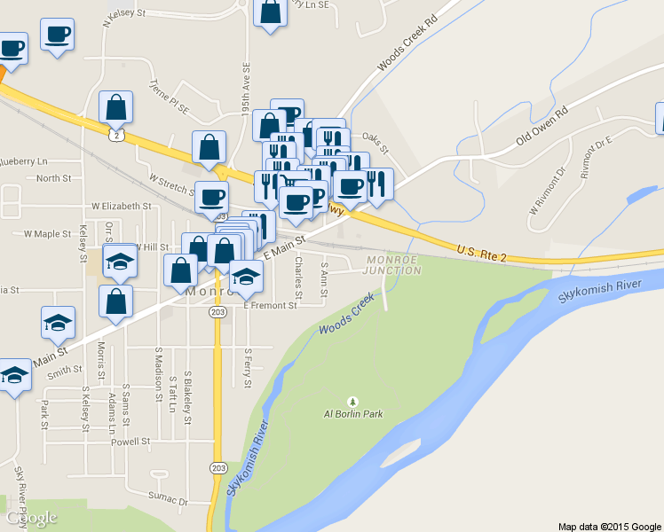 map of restaurants, bars, coffee shops, grocery stores, and more near 117 South Ann Street in Monroe