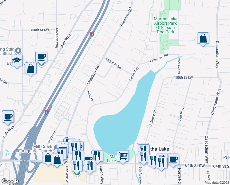 map of restaurants, bars, coffee shops, grocery stores, and more near 15628 Larch Way in Lynnwood