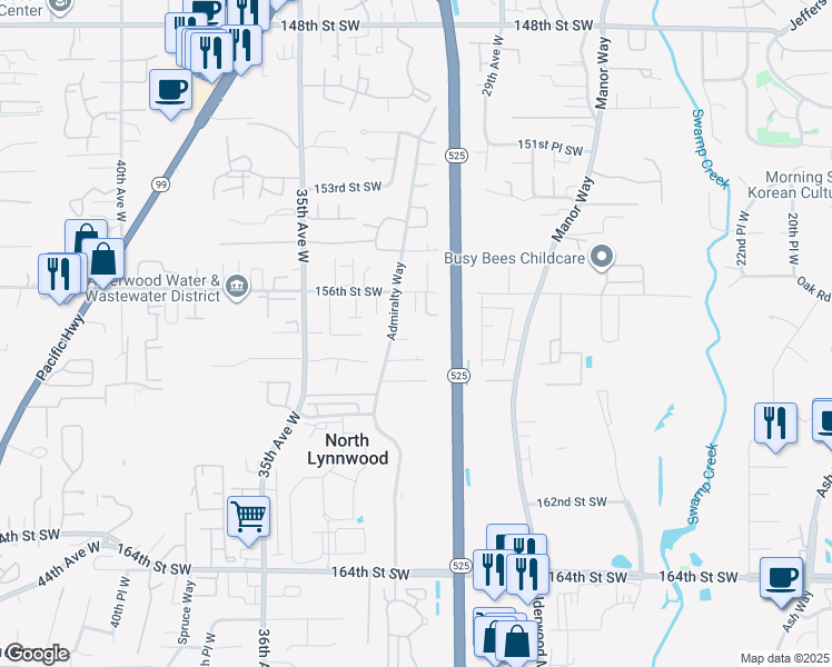 map of restaurants, bars, coffee shops, grocery stores, and more near 15705 Admiralty Way in Lynnwood