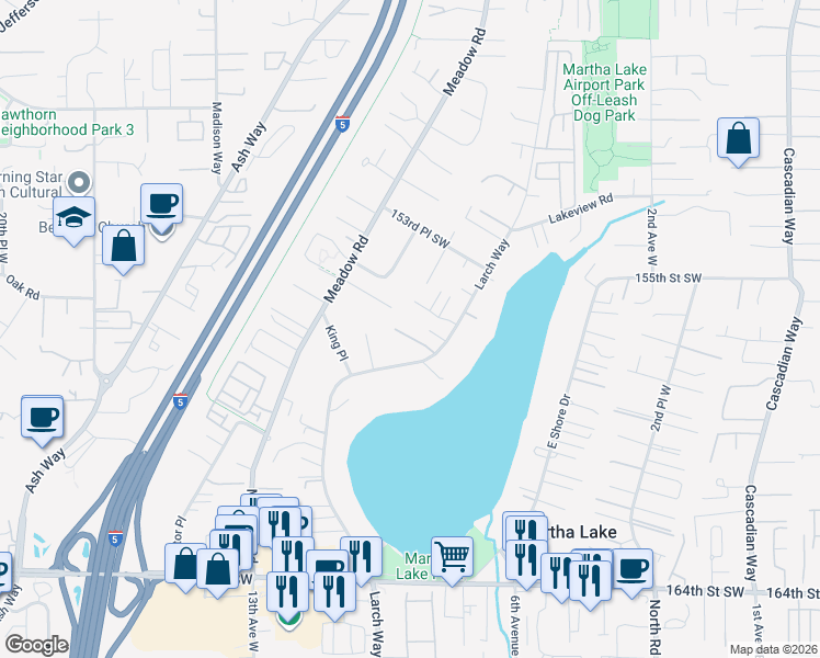 map of restaurants, bars, coffee shops, grocery stores, and more near 15700 Larch Way in Lynnwood