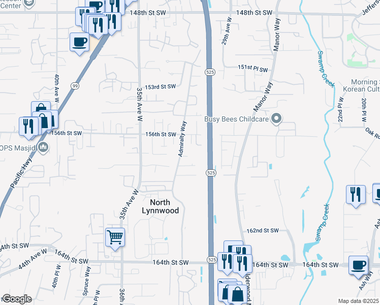 map of restaurants, bars, coffee shops, grocery stores, and more near 15705 Admiralty Way in Lynnwood