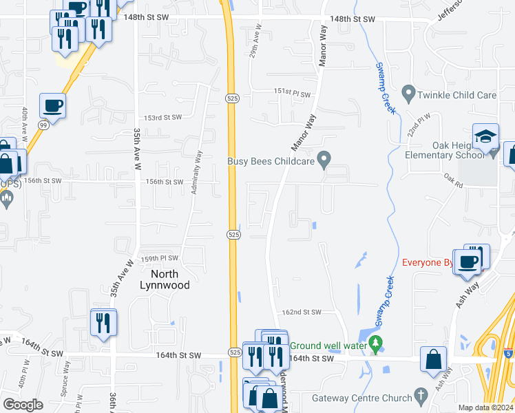 map of restaurants, bars, coffee shops, grocery stores, and more near 15720 Manor Way in Lynnwood