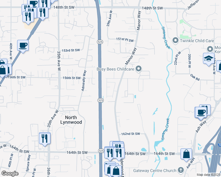 map of restaurants, bars, coffee shops, grocery stores, and more near 15730 Manor Way in Lynnwood