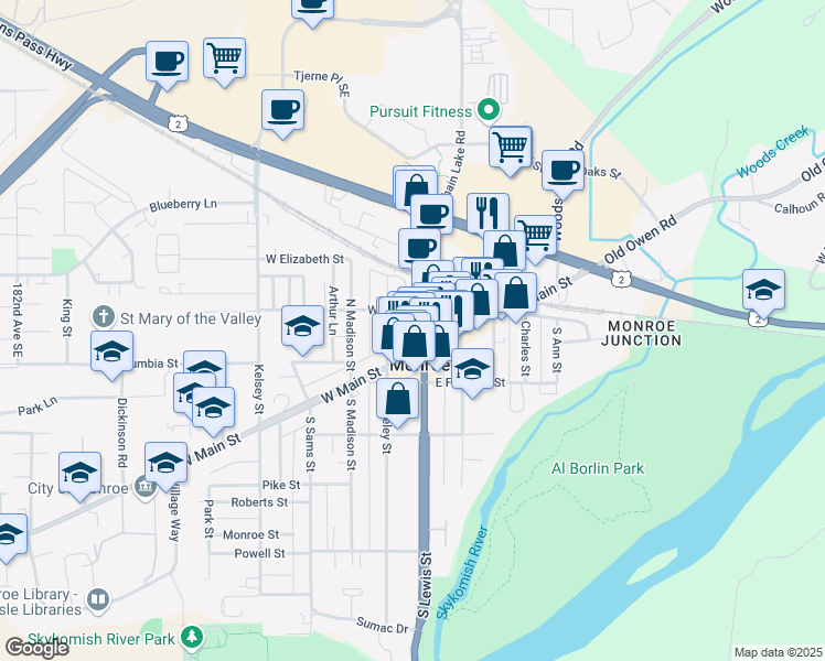 map of restaurants, bars, coffee shops, grocery stores, and more near in Monroe