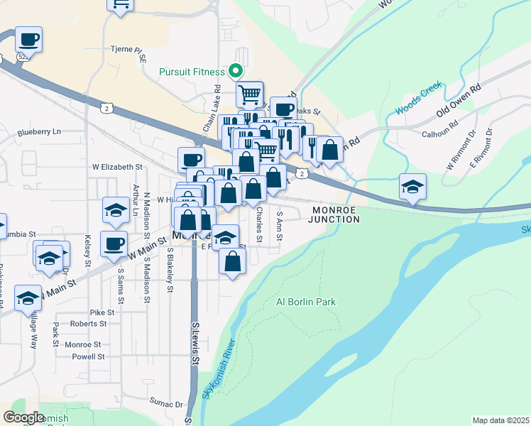 map of restaurants, bars, coffee shops, grocery stores, and more near 404 Railroad Avenue in Monroe