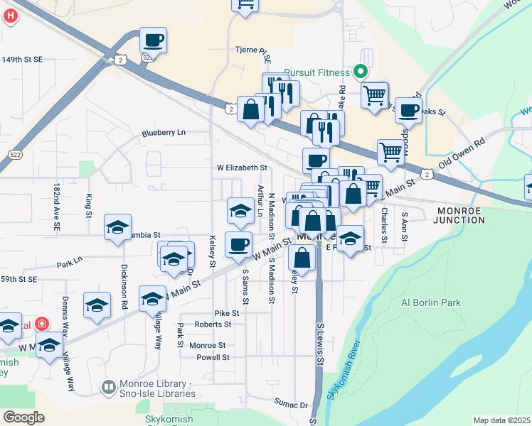 map of restaurants, bars, coffee shops, grocery stores, and more near 218 North Madison Street in Monroe