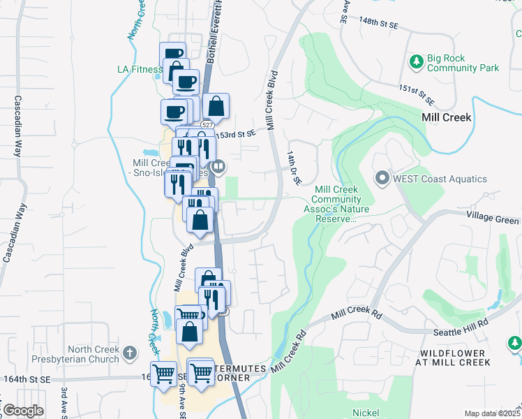 map of restaurants, bars, coffee shops, grocery stores, and more near 1300 156th Street Southeast in Mill Creek