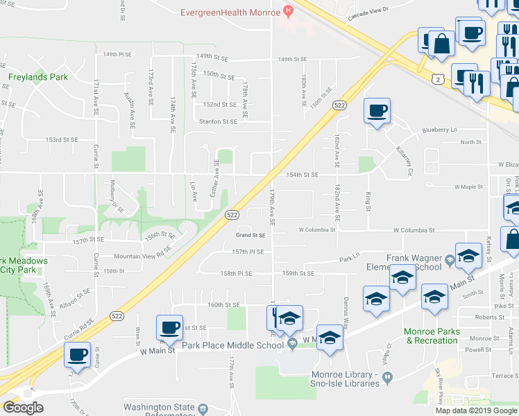 map of restaurants, bars, coffee shops, grocery stores, and more near 17772 155th Place Southeast in Monroe