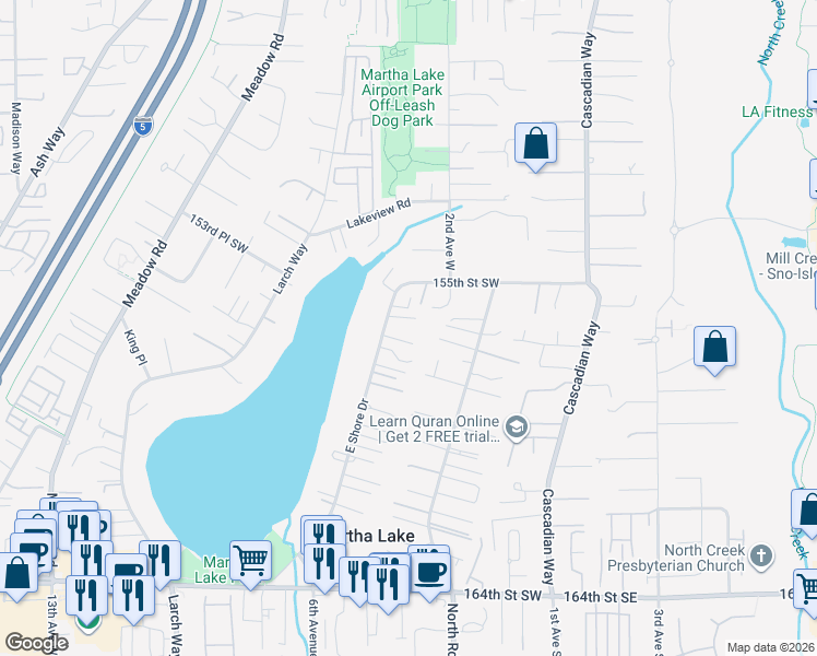 map of restaurants, bars, coffee shops, grocery stores, and more near 15625 East Shore Drive in Lynnwood