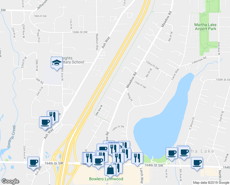map of restaurants, bars, coffee shops, grocery stores, and more near 15706 Meadow Road in Lynnwood