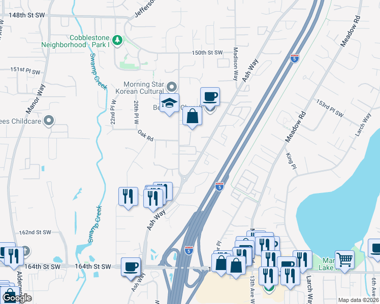 map of restaurants, bars, coffee shops, grocery stores, and more near 15701 18th Avenue West in Lynnwood
