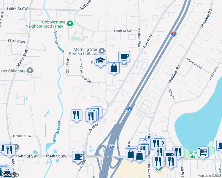 map of restaurants, bars, coffee shops, grocery stores, and more near 15701 18th Avenue West in Lynnwood