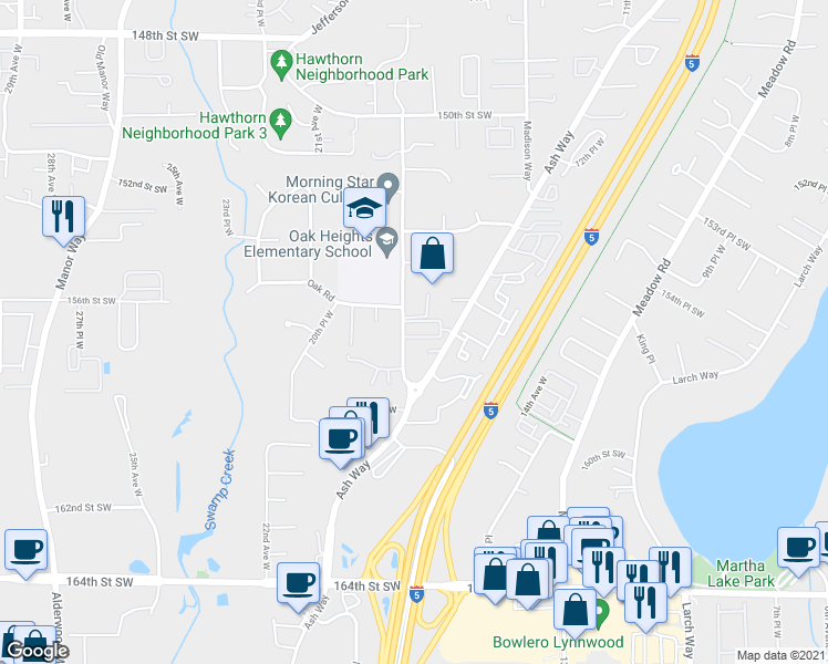 map of restaurants, bars, coffee shops, grocery stores, and more near 15701 18th Avenue West in Lynnwood