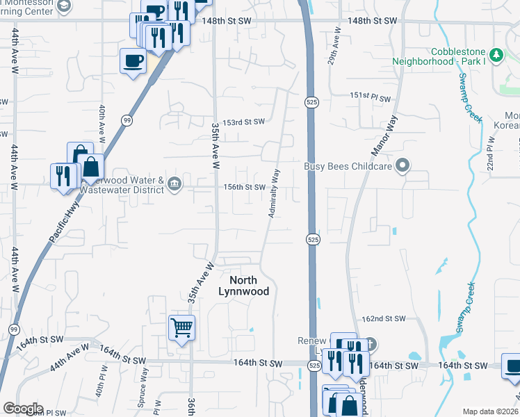 map of restaurants, bars, coffee shops, grocery stores, and more near 15714 Admiralty Way in Lynnwood