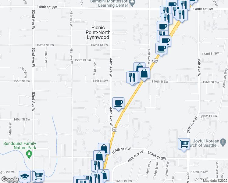 map of restaurants, bars, coffee shops, grocery stores, and more near 15721 44th Avenue West in Lynnwood