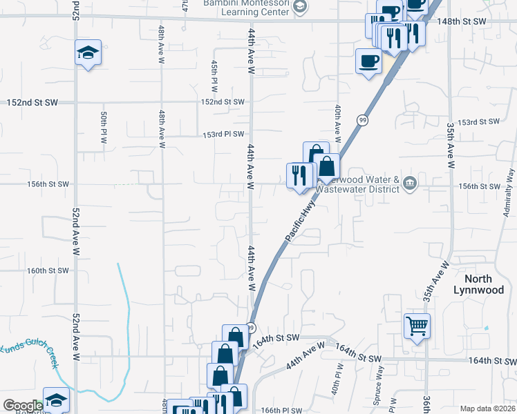 map of restaurants, bars, coffee shops, grocery stores, and more near 15721 44th Avenue West in Lynnwood