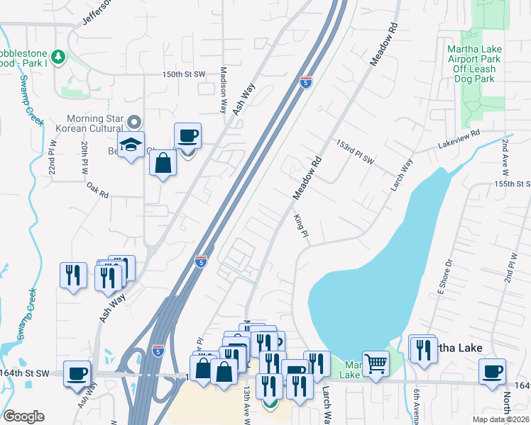 map of restaurants, bars, coffee shops, grocery stores, and more near 15706 Meadow Road in Lynnwood