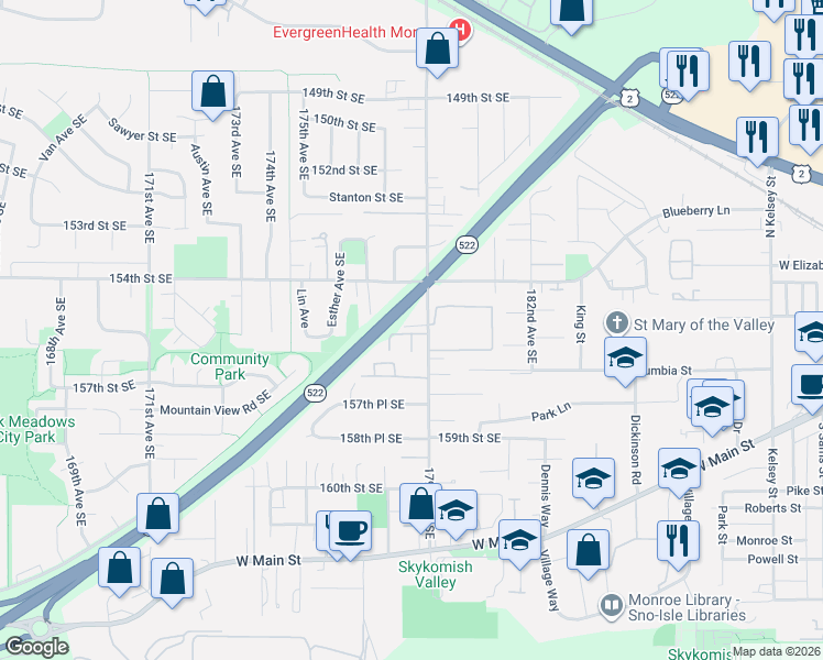 map of restaurants, bars, coffee shops, grocery stores, and more near 17772 155th Place Southeast in Monroe