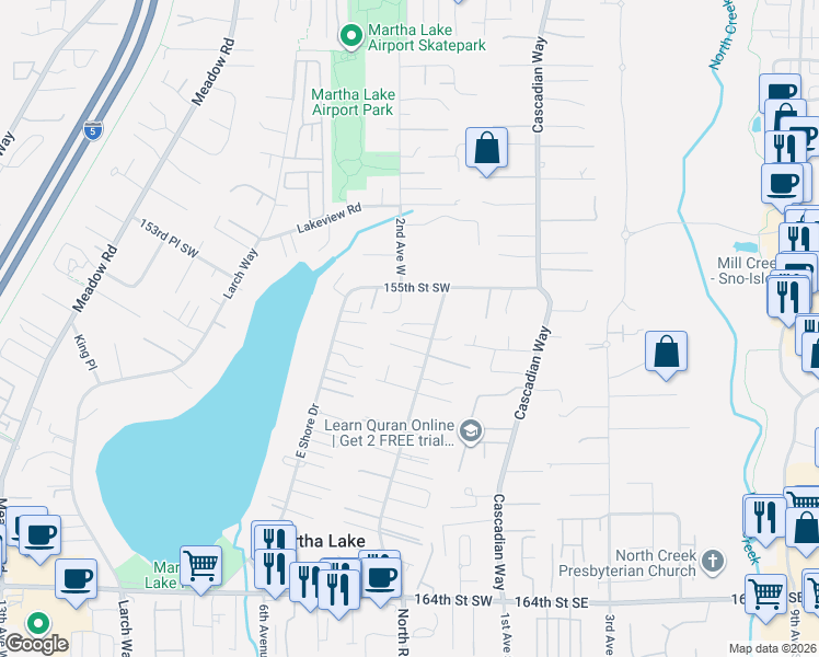 map of restaurants, bars, coffee shops, grocery stores, and more near 15616 2nd Place West in Lynnwood