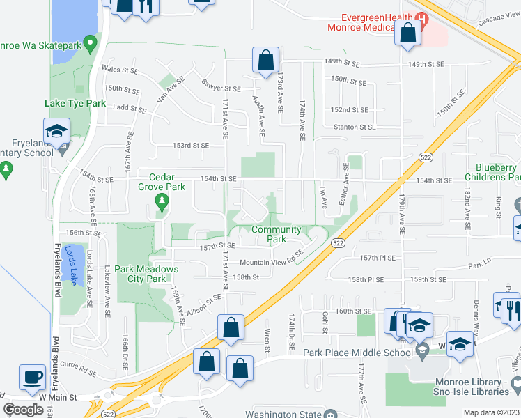 map of restaurants, bars, coffee shops, grocery stores, and more near 15524 Chestnut Drive Southeast in Monroe