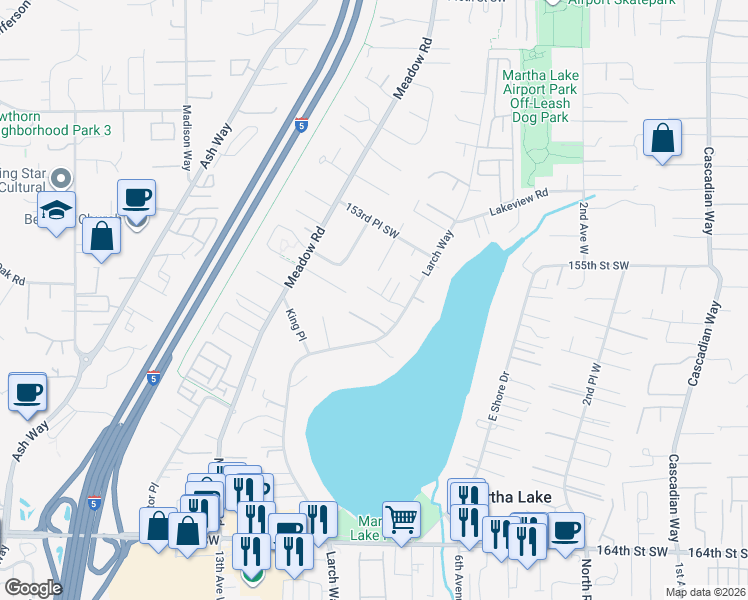 map of restaurants, bars, coffee shops, grocery stores, and more near 15700 Larch Way in Lynnwood
