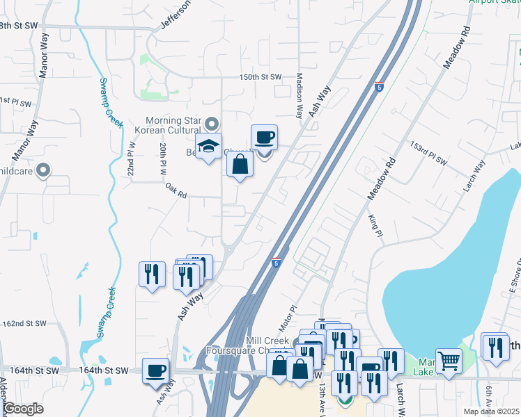 map of restaurants, bars, coffee shops, grocery stores, and more near 15706 Ash Way in Lynnwood