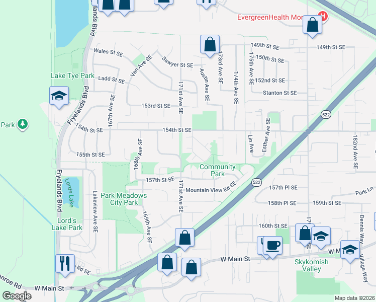 map of restaurants, bars, coffee shops, grocery stores, and more near 17146 Cottonwood Lane Southeast in Monroe