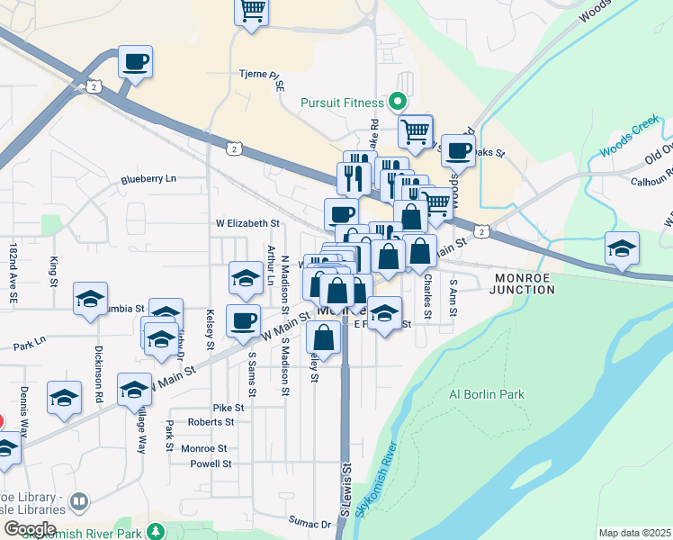 map of restaurants, bars, coffee shops, grocery stores, and more near in Monroe