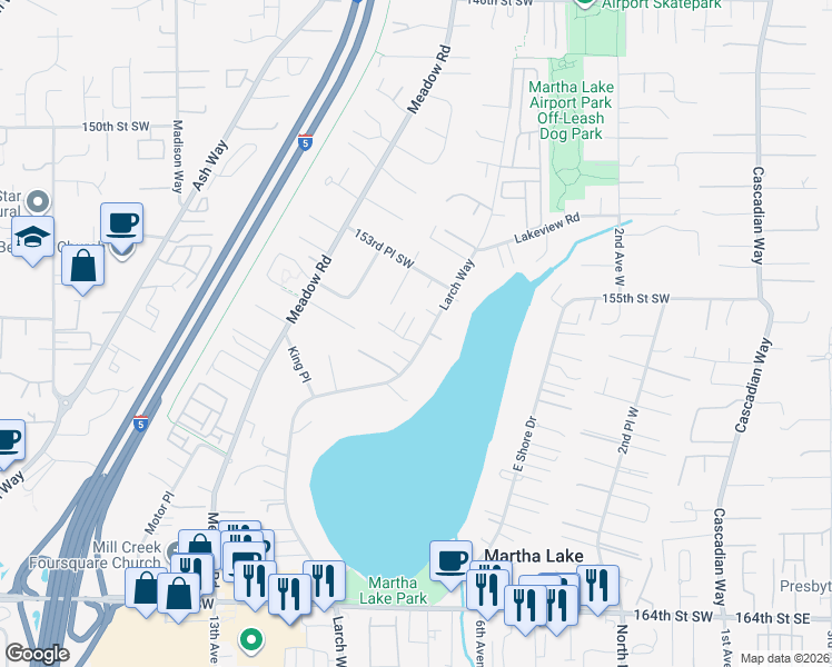 map of restaurants, bars, coffee shops, grocery stores, and more near 15628 Larch Way in Lynnwood