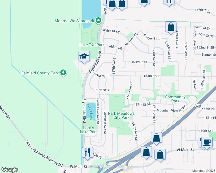 map of restaurants, bars, coffee shops, grocery stores, and more near 15481 166th Avenue Southeast in Monroe