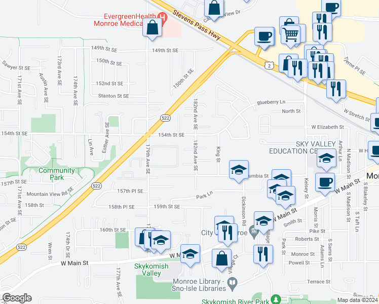 map of restaurants, bars, coffee shops, grocery stores, and more near 15468 182nd Avenue Southeast in Monroe