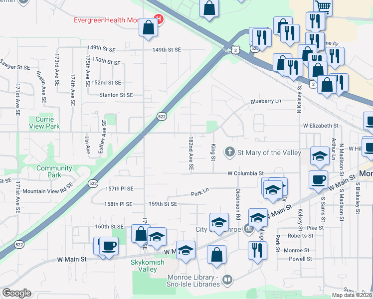 map of restaurants, bars, coffee shops, grocery stores, and more near 18102 154th Street Southeast in Monroe