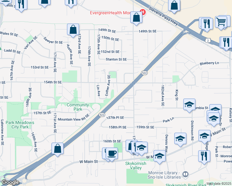 map of restaurants, bars, coffee shops, grocery stores, and more near 17618 154th Street Southeast in Monroe