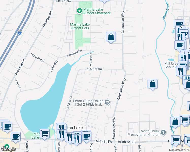 map of restaurants, bars, coffee shops, grocery stores, and more near 102 155th Street Southeast in Lynnwood
