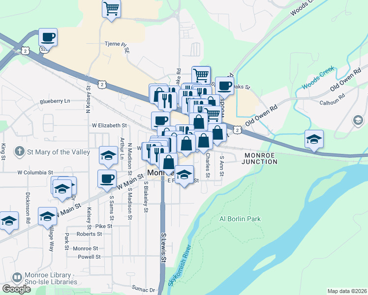 map of restaurants, bars, coffee shops, grocery stores, and more near 249 East Main Street in Monroe