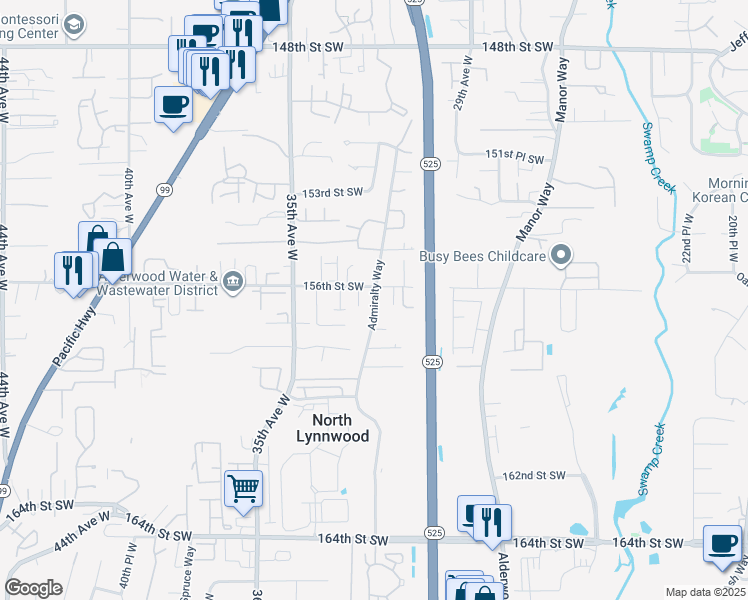 map of restaurants, bars, coffee shops, grocery stores, and more near 3225 156th Street Southwest in Lynnwood