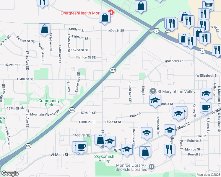 map of restaurants, bars, coffee shops, grocery stores, and more near 15465 179th Avenue Southeast in Monroe