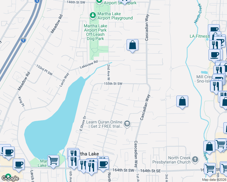 map of restaurants, bars, coffee shops, grocery stores, and more near 15530 2nd Place West in Lynnwood