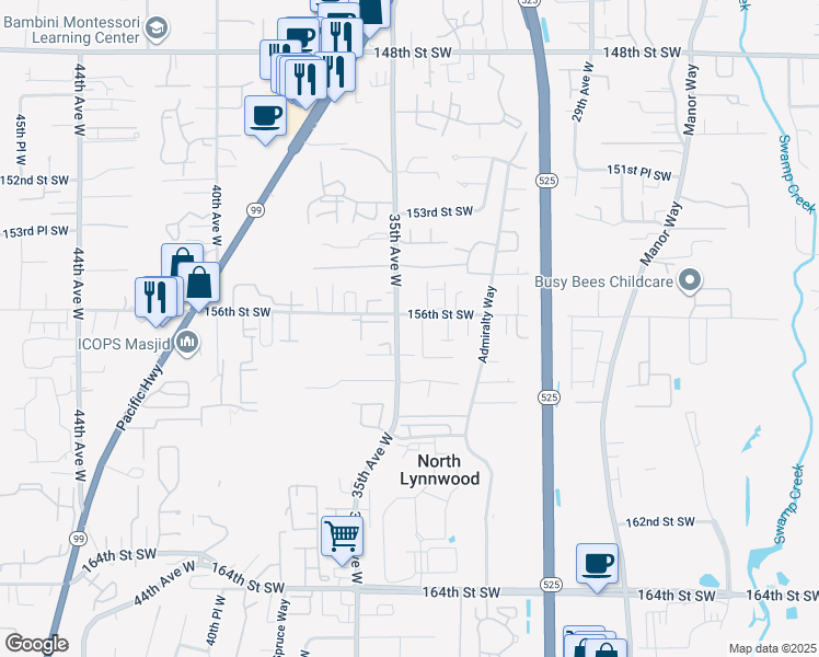 map of restaurants, bars, coffee shops, grocery stores, and more near 3421 156th Street Southwest in Lynnwood