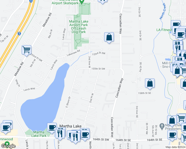 map of restaurants, bars, coffee shops, grocery stores, and more near 15530 2nd Place West in Lynnwood