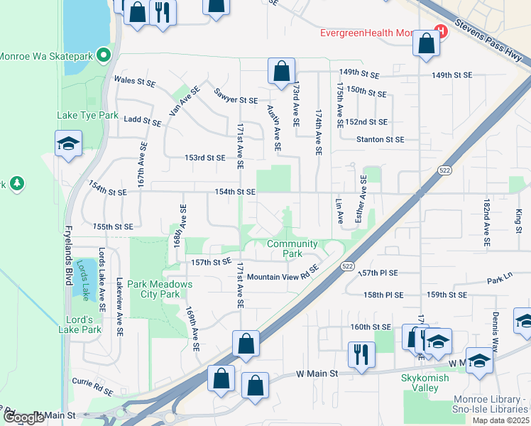 map of restaurants, bars, coffee shops, grocery stores, and more near 17260 154th Street Southeast in Monroe