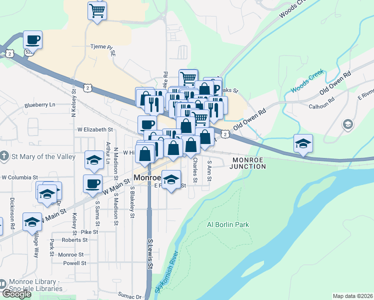 map of restaurants, bars, coffee shops, grocery stores, and more near 381 East Main Street in Monroe