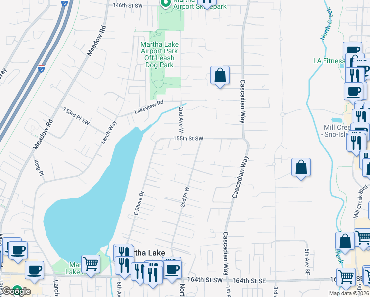 map of restaurants, bars, coffee shops, grocery stores, and more near 102 155th Street Southeast in Lynnwood