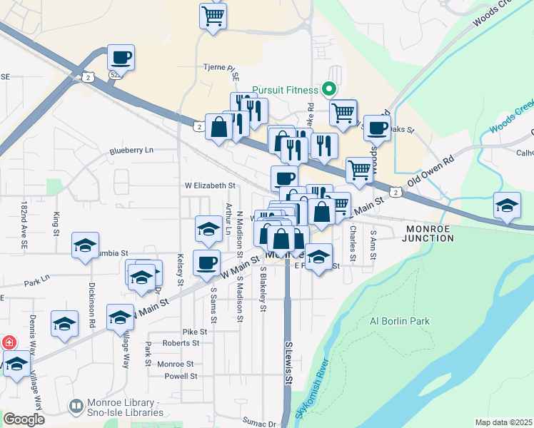 map of restaurants, bars, coffee shops, grocery stores, and more near 222 North Blakeley Street in Monroe