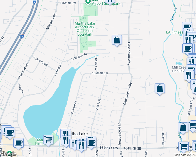 map of restaurants, bars, coffee shops, grocery stores, and more near 102 155th Street Southeast in Lynnwood