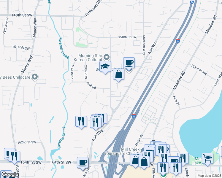 map of restaurants, bars, coffee shops, grocery stores, and more near 15517 18th Avenue West in Lynnwood